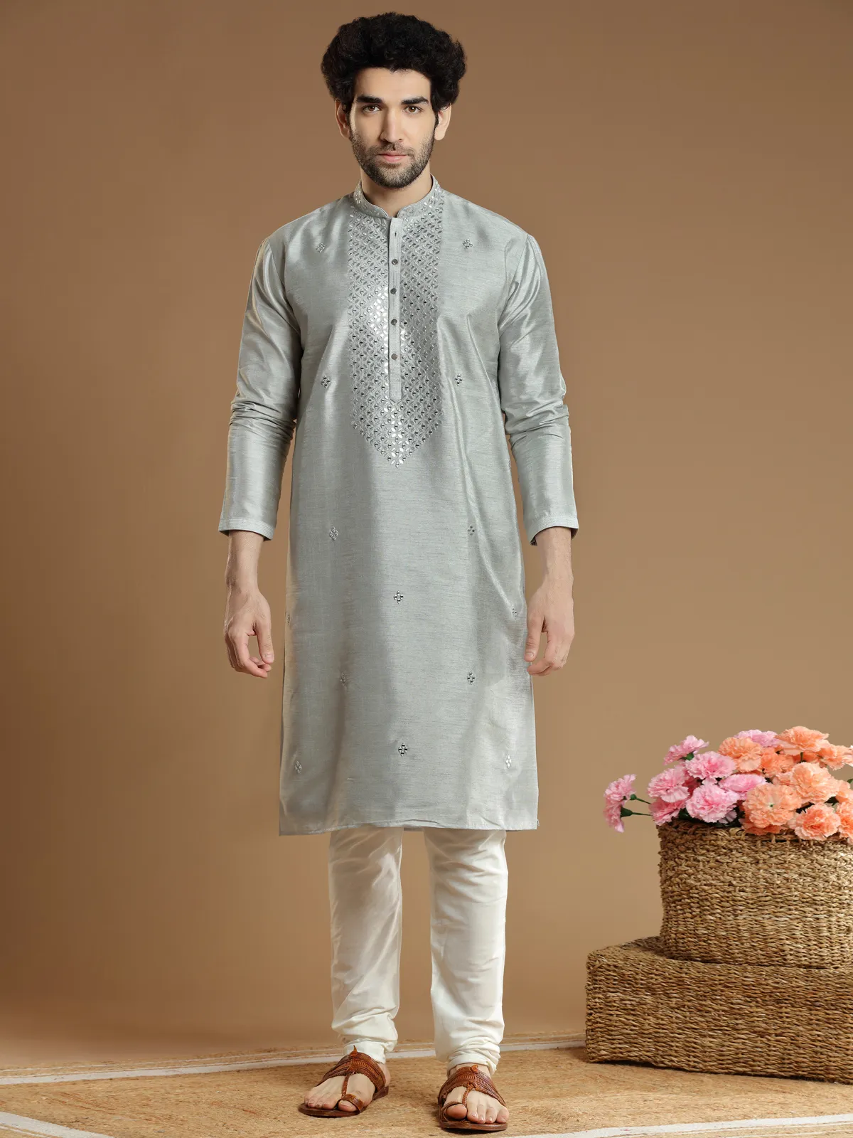 Grey color silk fabric  Men Kurta pajama for festivals