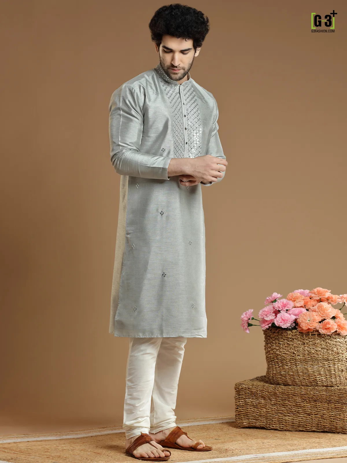 Grey color silk fabric  Men Kurta pajama for festivals