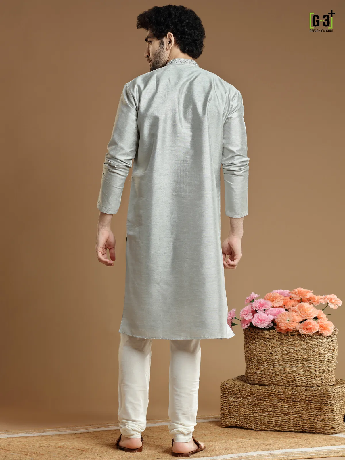 Grey color silk fabric kurta suit for festivals