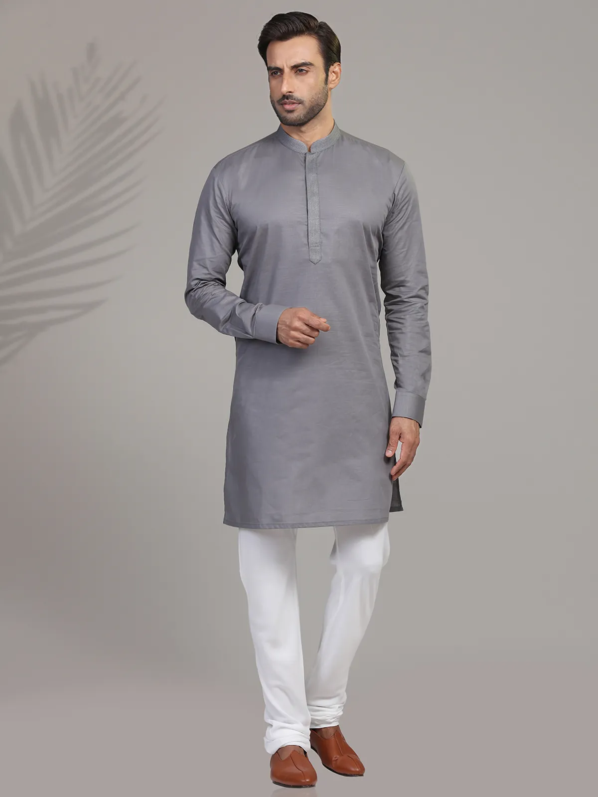 Grey cotton festive wear kurta suit