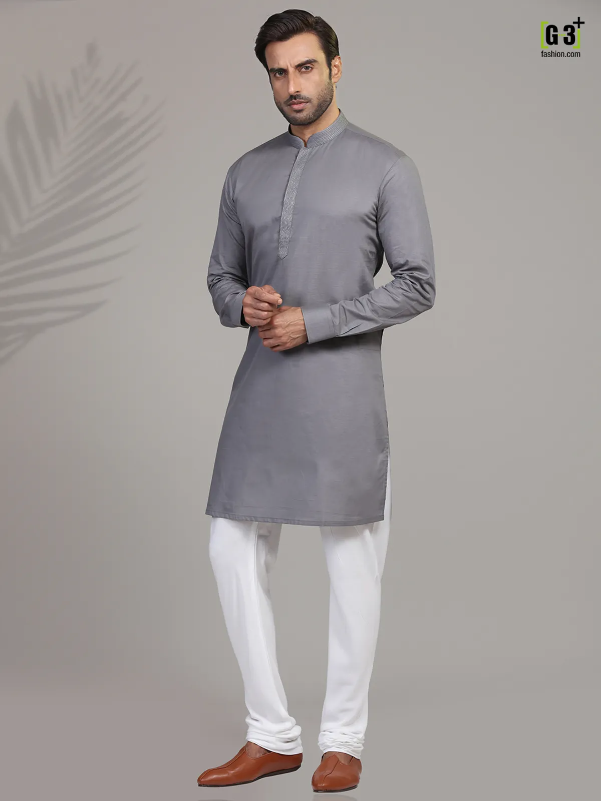 Grey cotton festive wear kurta suit