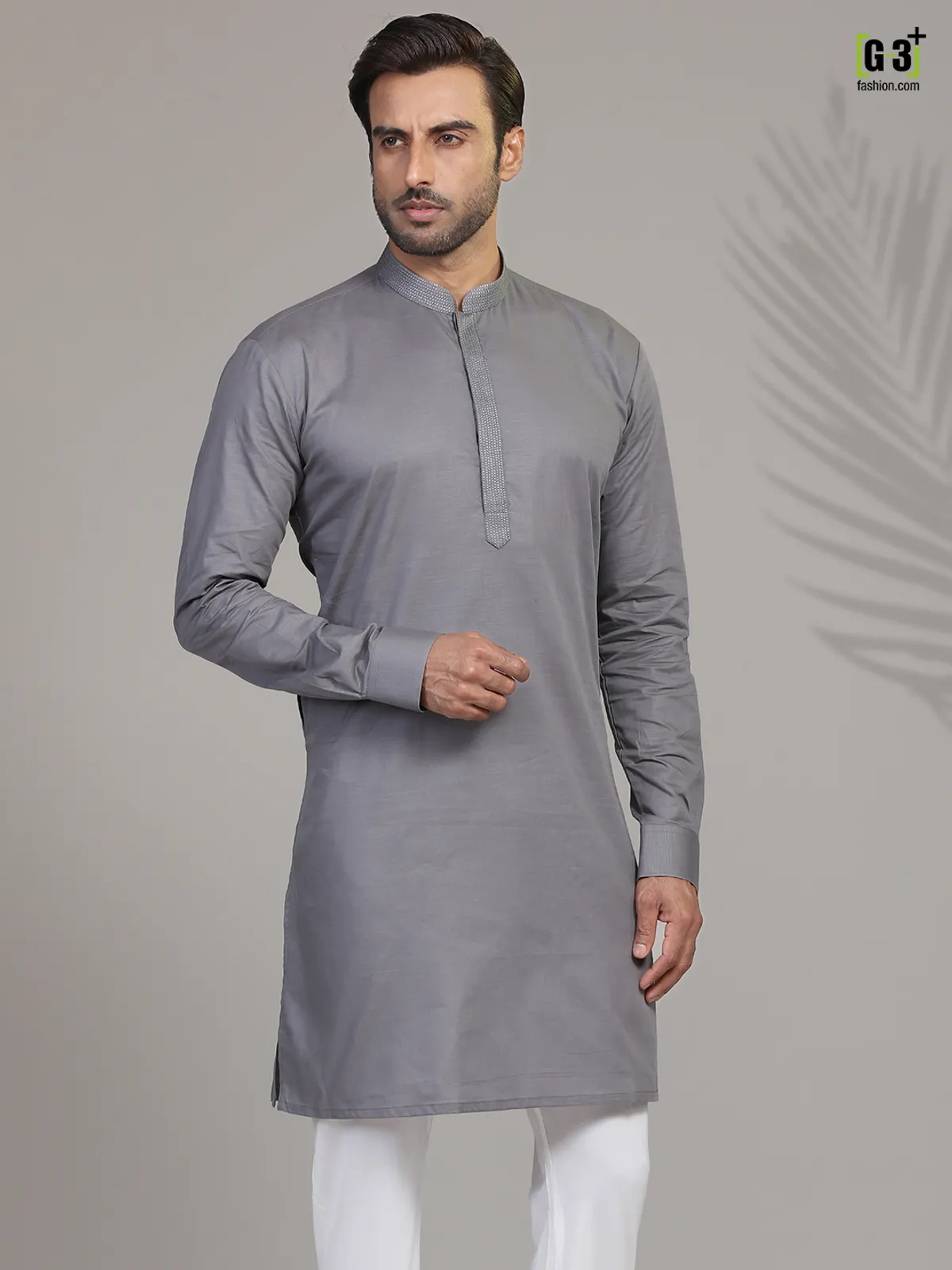 Grey cotton festive wear mens kurta