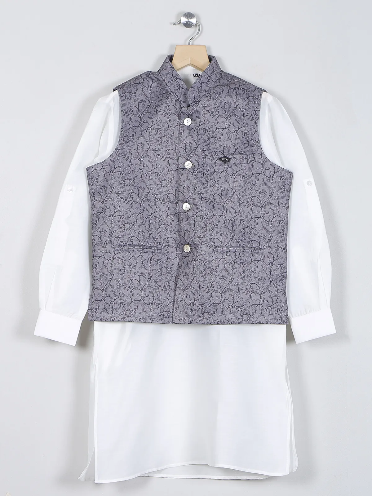Grey cotton festive wear waistcoat set for boys