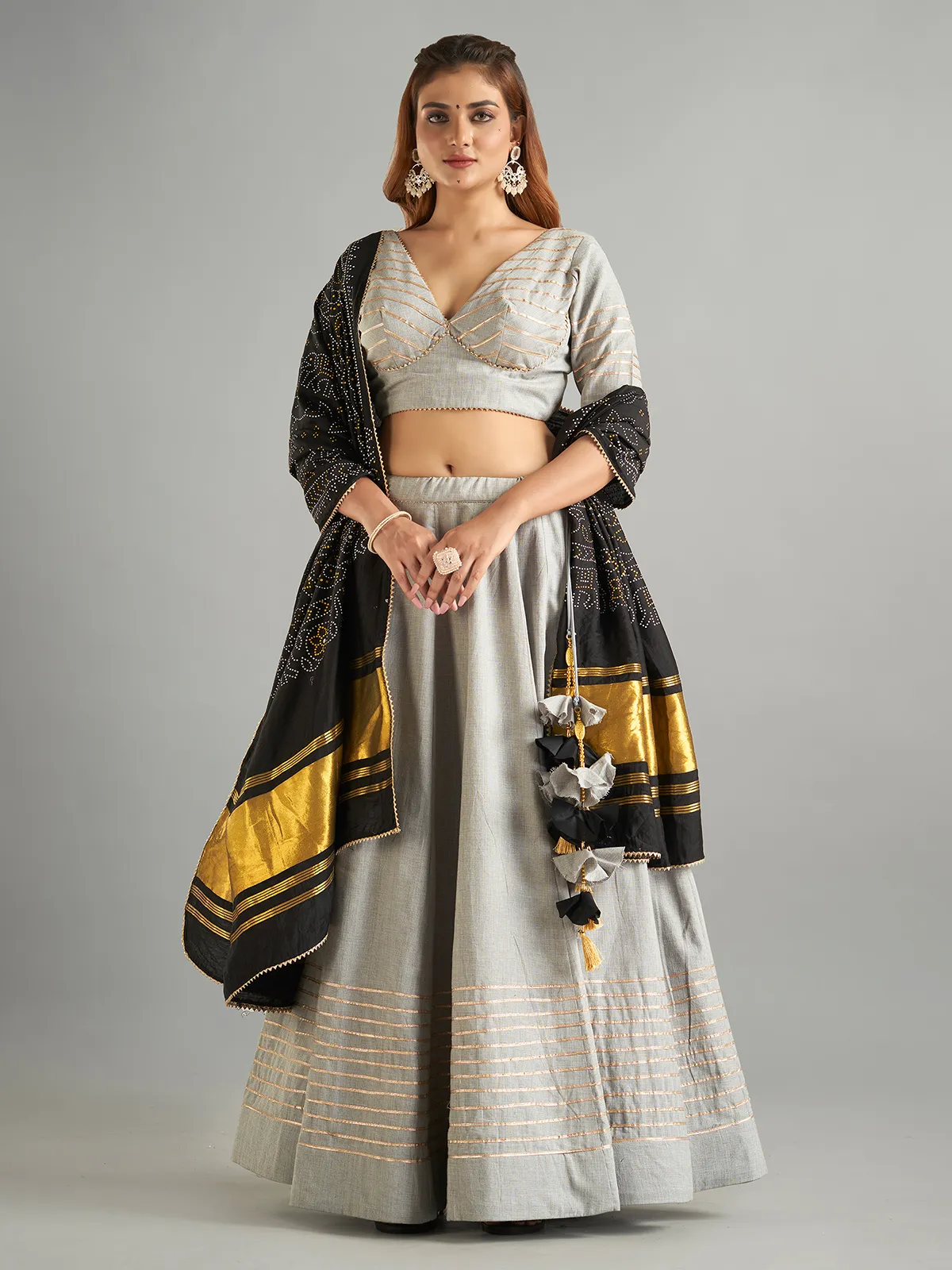 Grey cotton plain lehenga choli