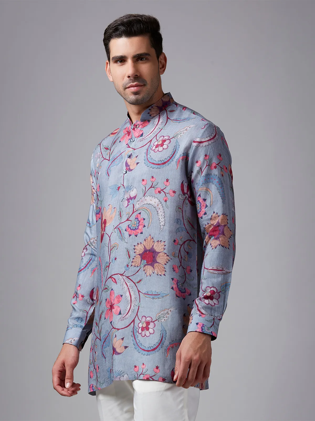 Grey cotton printed short kurta suit