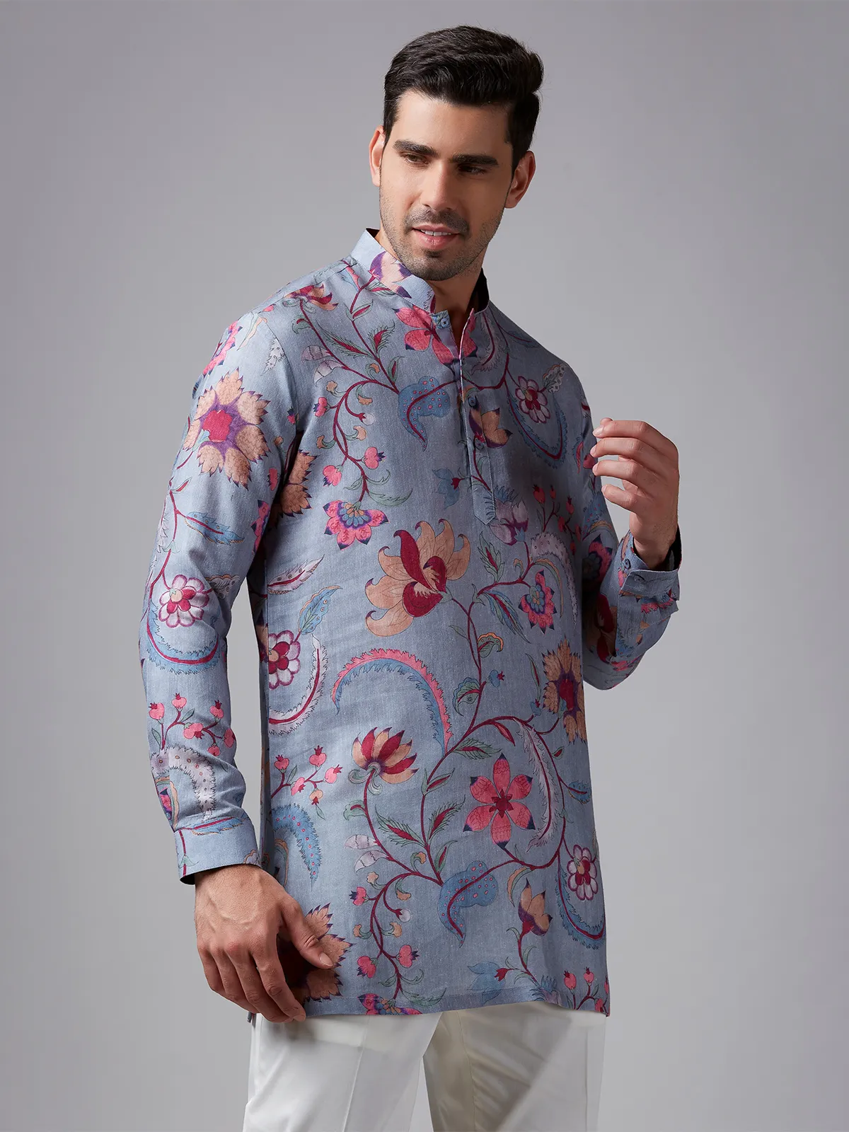 Grey cotton printed short kurta suit