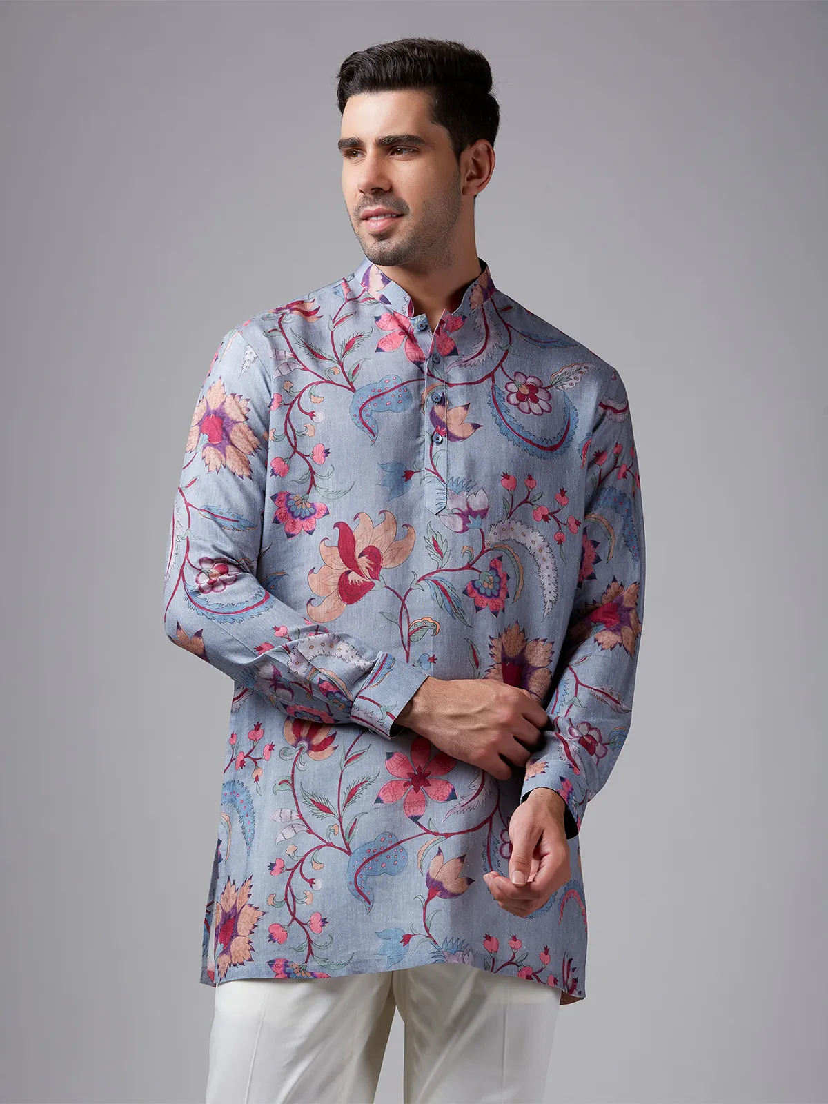 Grey cotton printed short  Men Kurta pajama