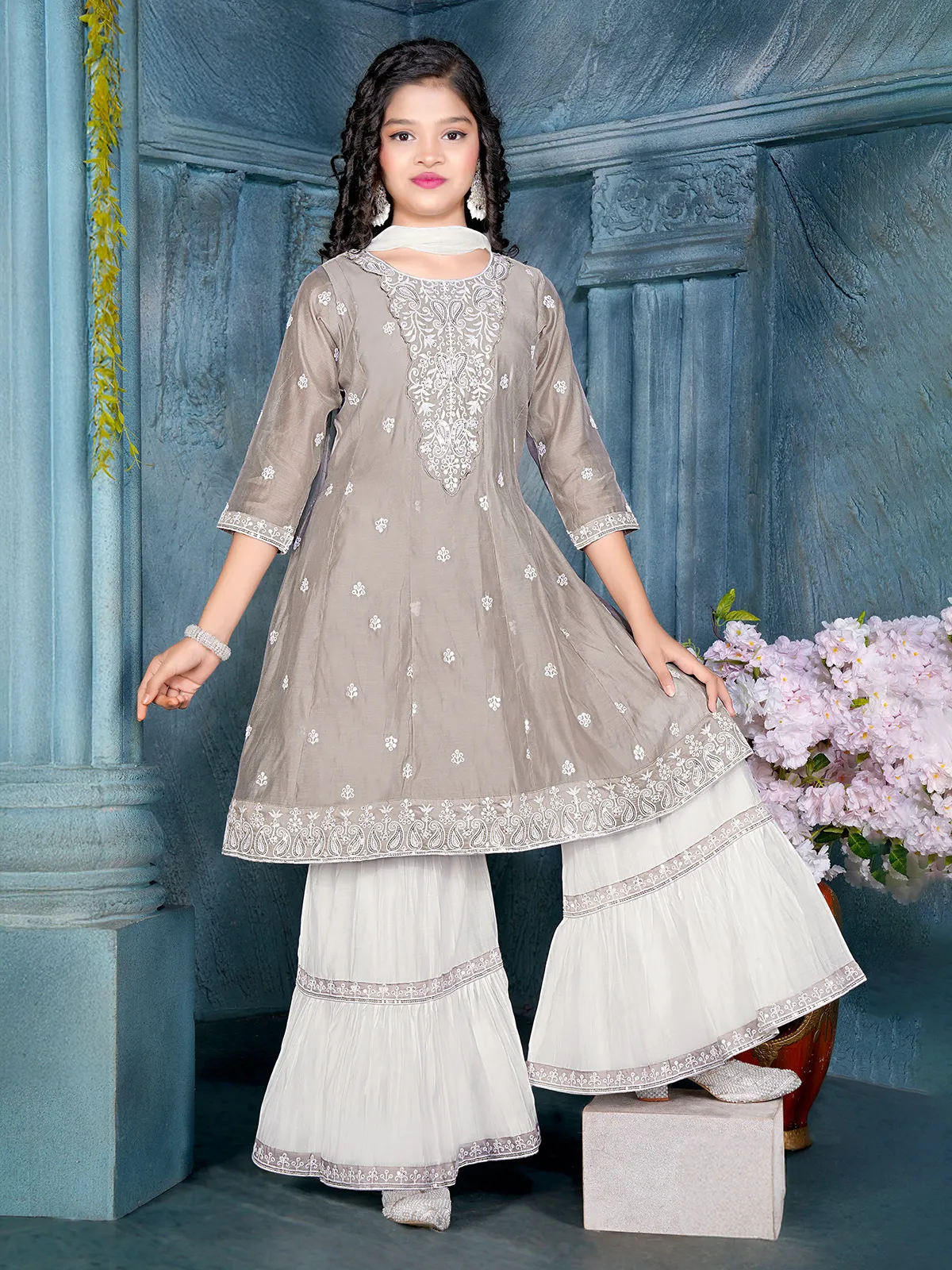 Grey Cotton Sharara Suit With Dupatta