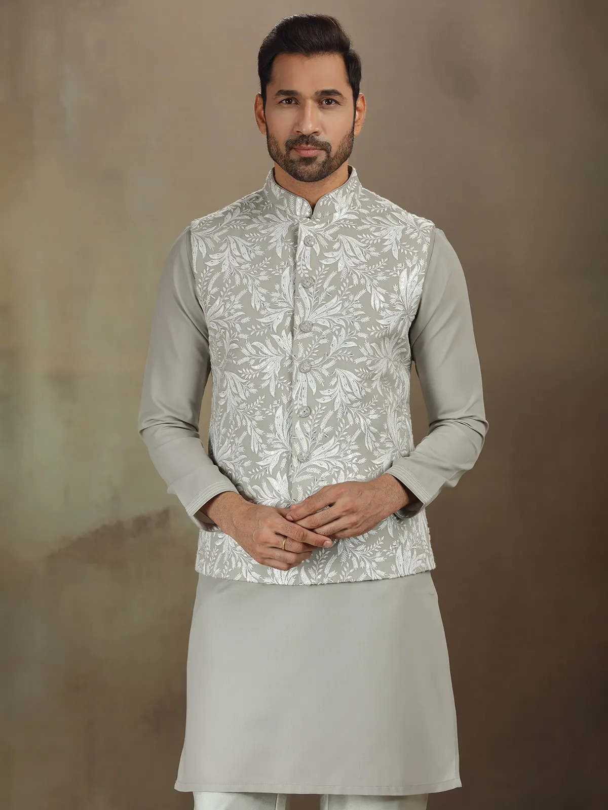 Grey cotton silk embroidered waistcoat set