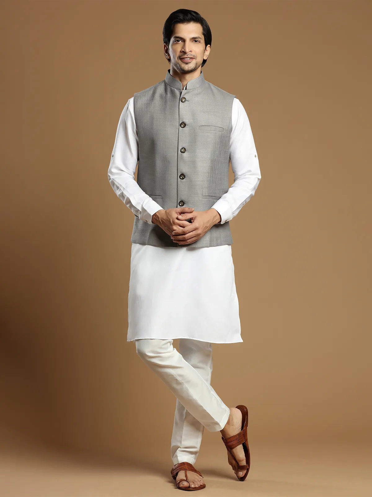 Grey cotton silk festive wear men waistcoat set