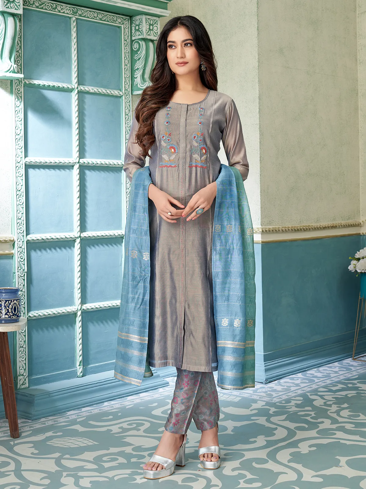 Grey cotton silk salwar suit with embroidered detailing