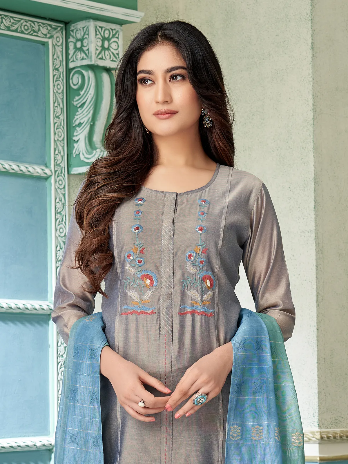 Grey cotton silk salwar suit with embroidered detailing