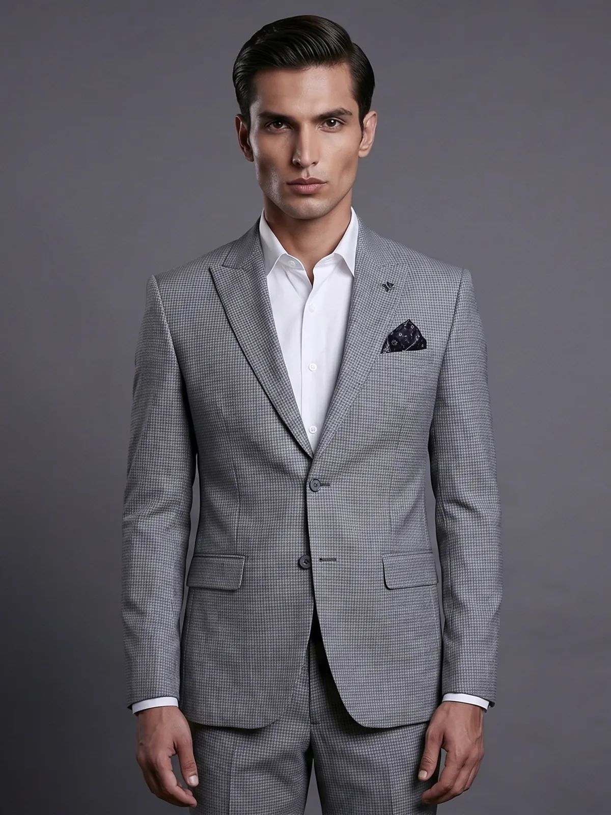 Grey designer coat suit with micro pattern notch lapel