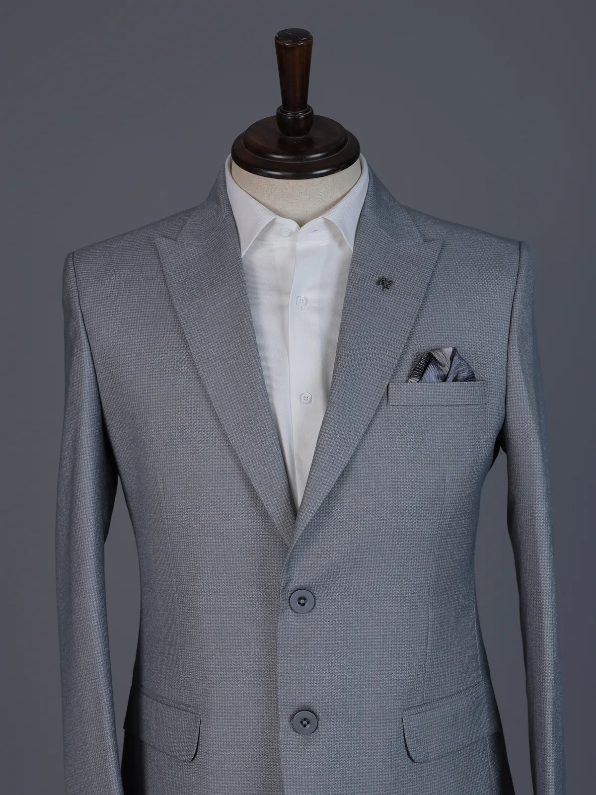 Grey designer coat suit with micro pattern notch lapel