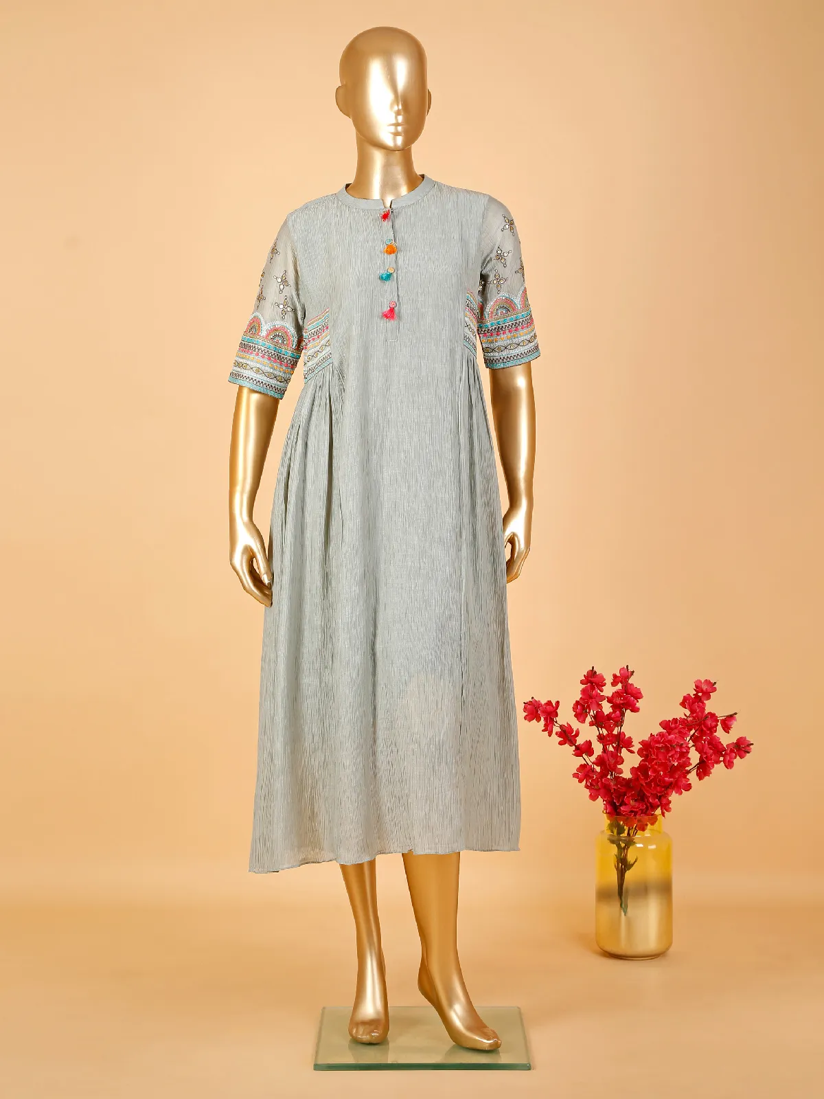 Grey embroidery kurti in cotton