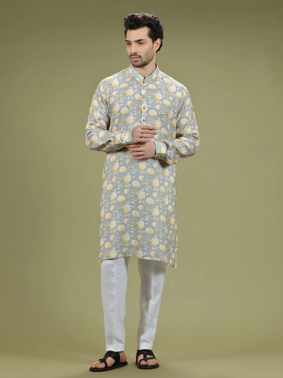 Grey floral printed linen  Men Kurta pajama