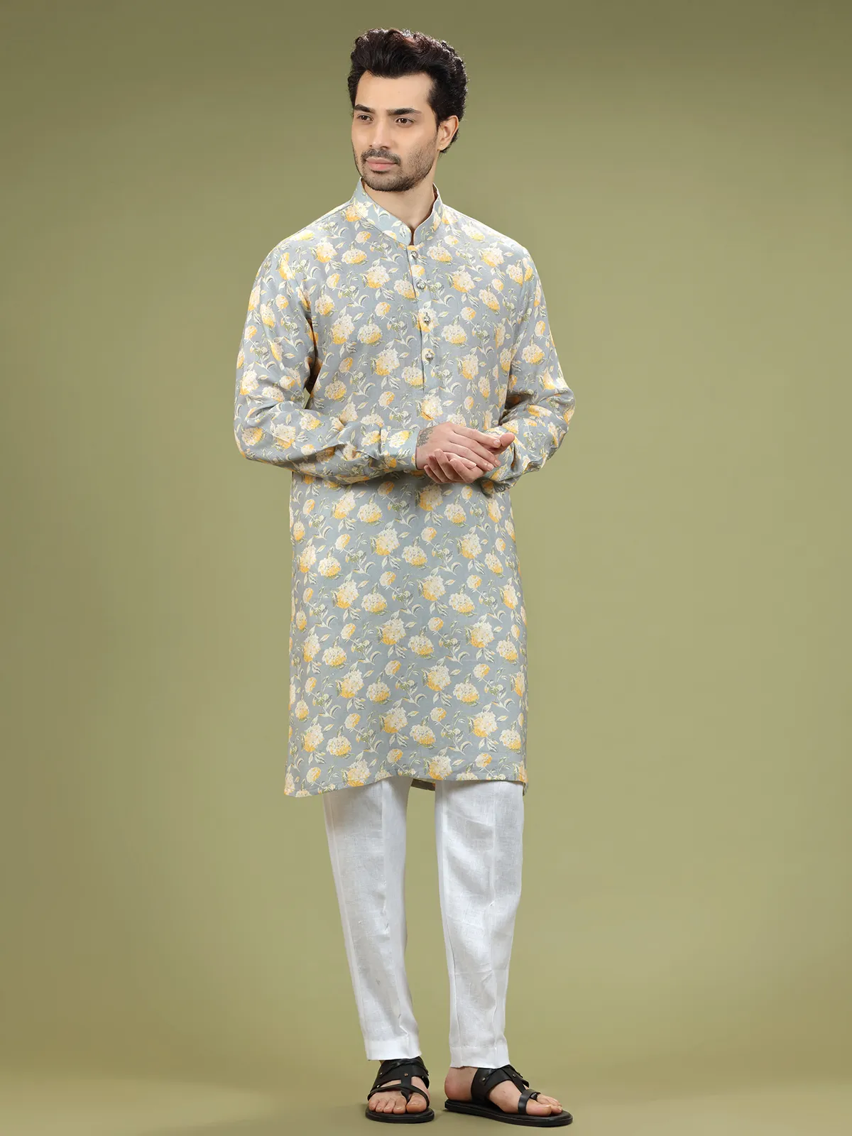 Grey floral printed linen kurta suit