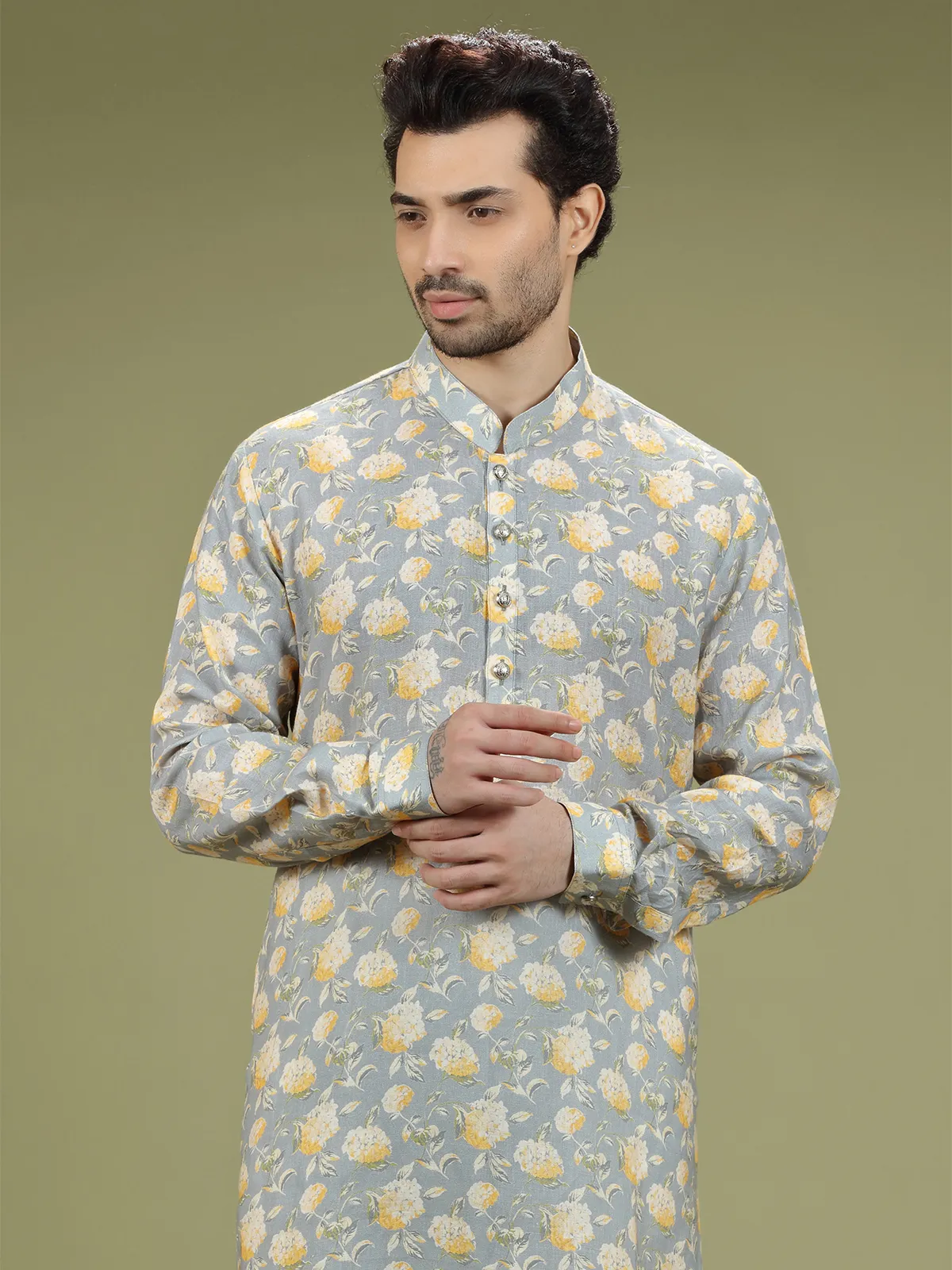 Grey floral printed linen  Men Kurta pajama
