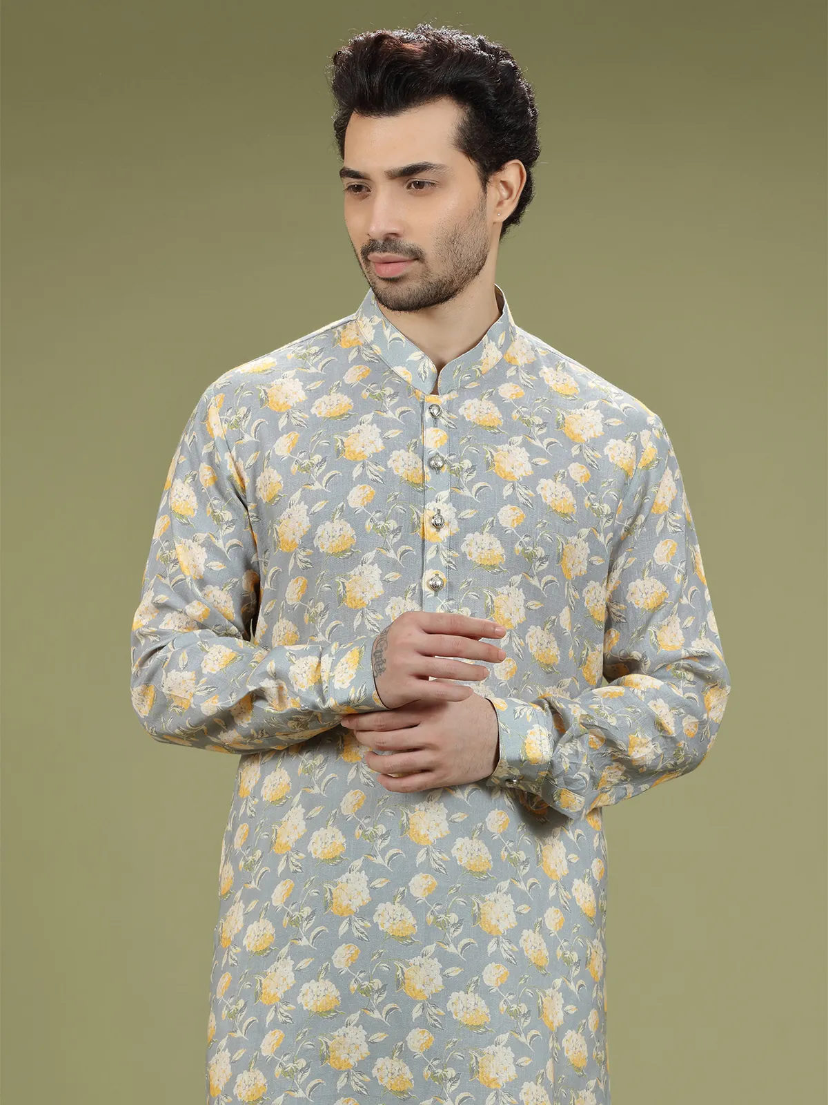 Grey floral printed linen kurta suit