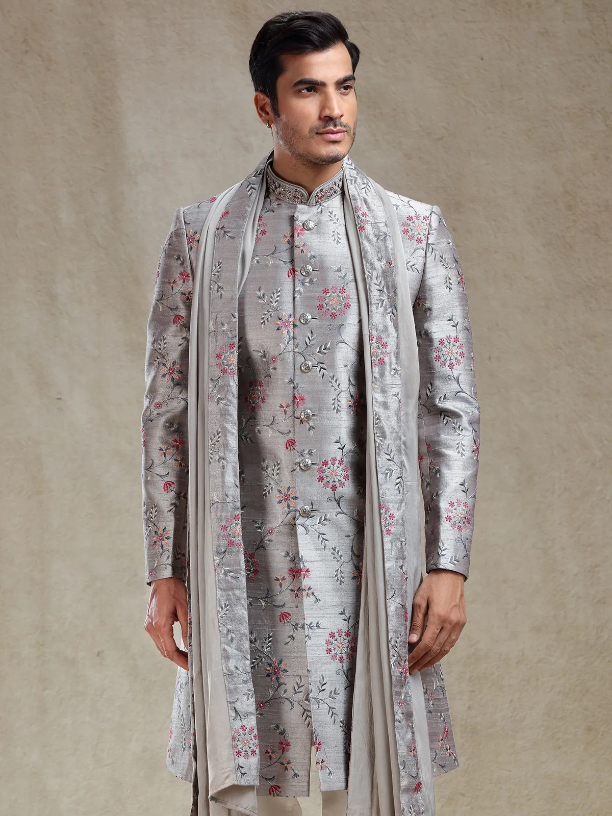 Grey flower embroidery pattern sherwani for wedding