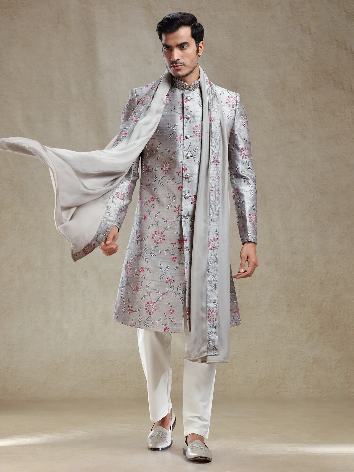 Grey flower embroidery pattern sherwani for wedding