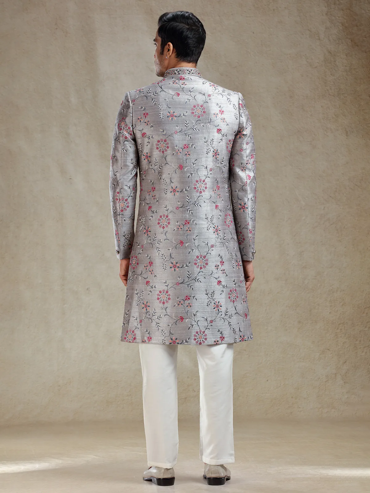Grey flower embroidery pattern sherwani for wedding