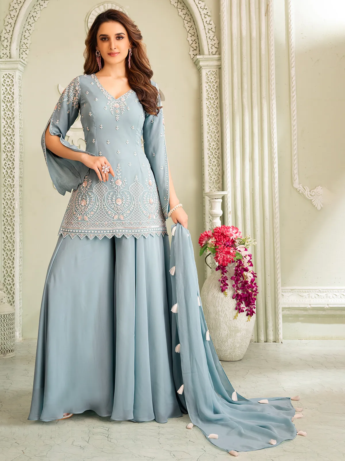 designer georgette dress Grey Georgette Designer Palazzo Suit With Full Sleeves
