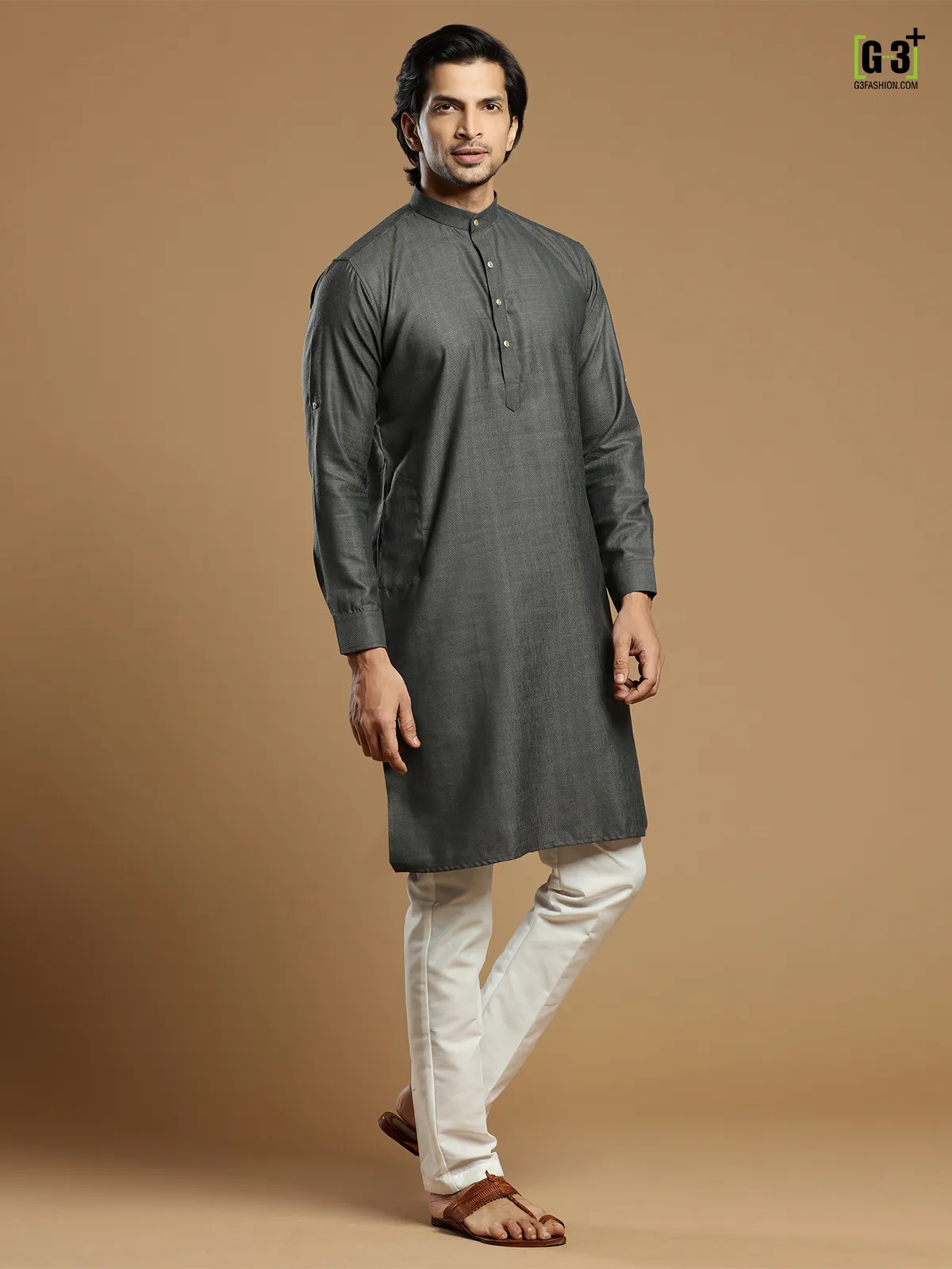 Grey hue solid cotton men  Kurta pajama for festivals