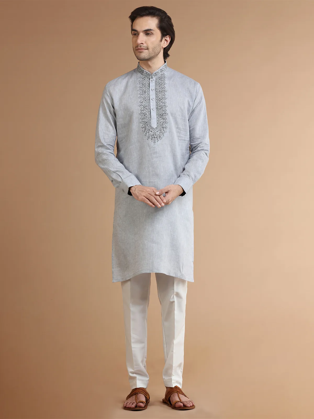 Grey linen festive kurta suit