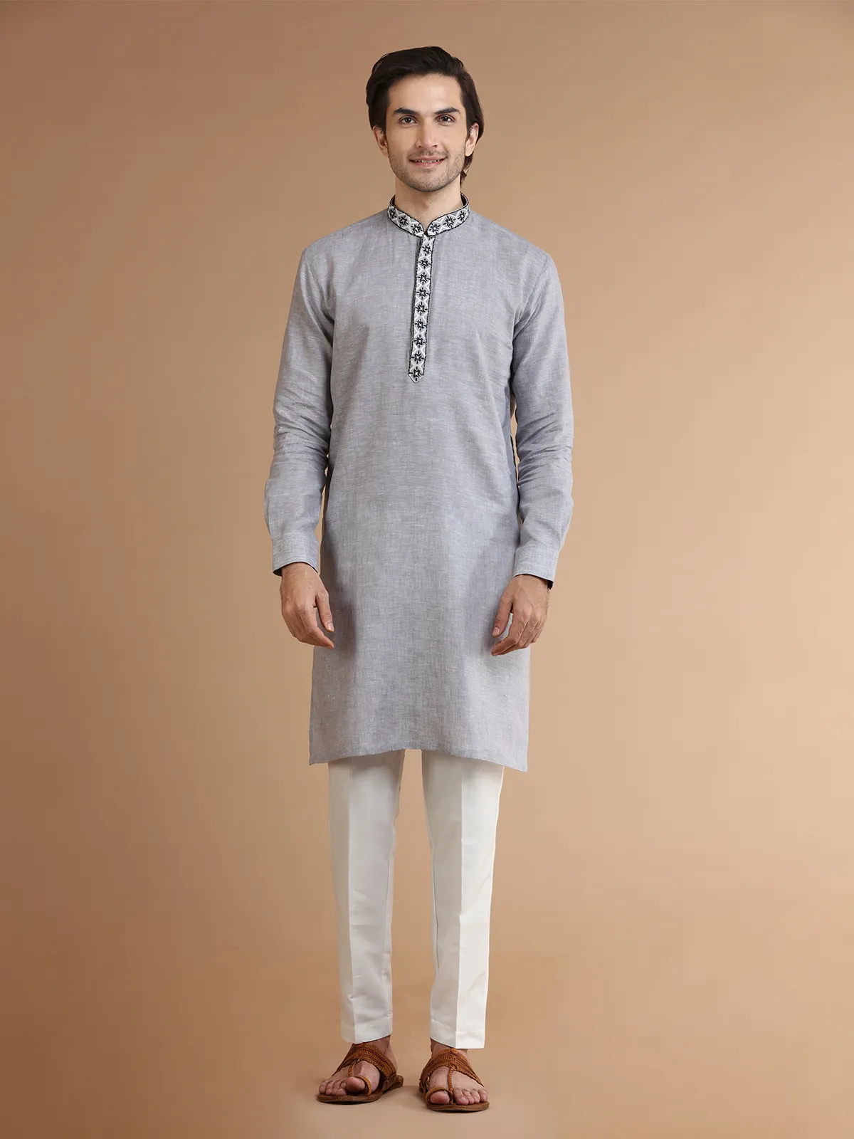 Grey linen plain  Men Kurta pajama