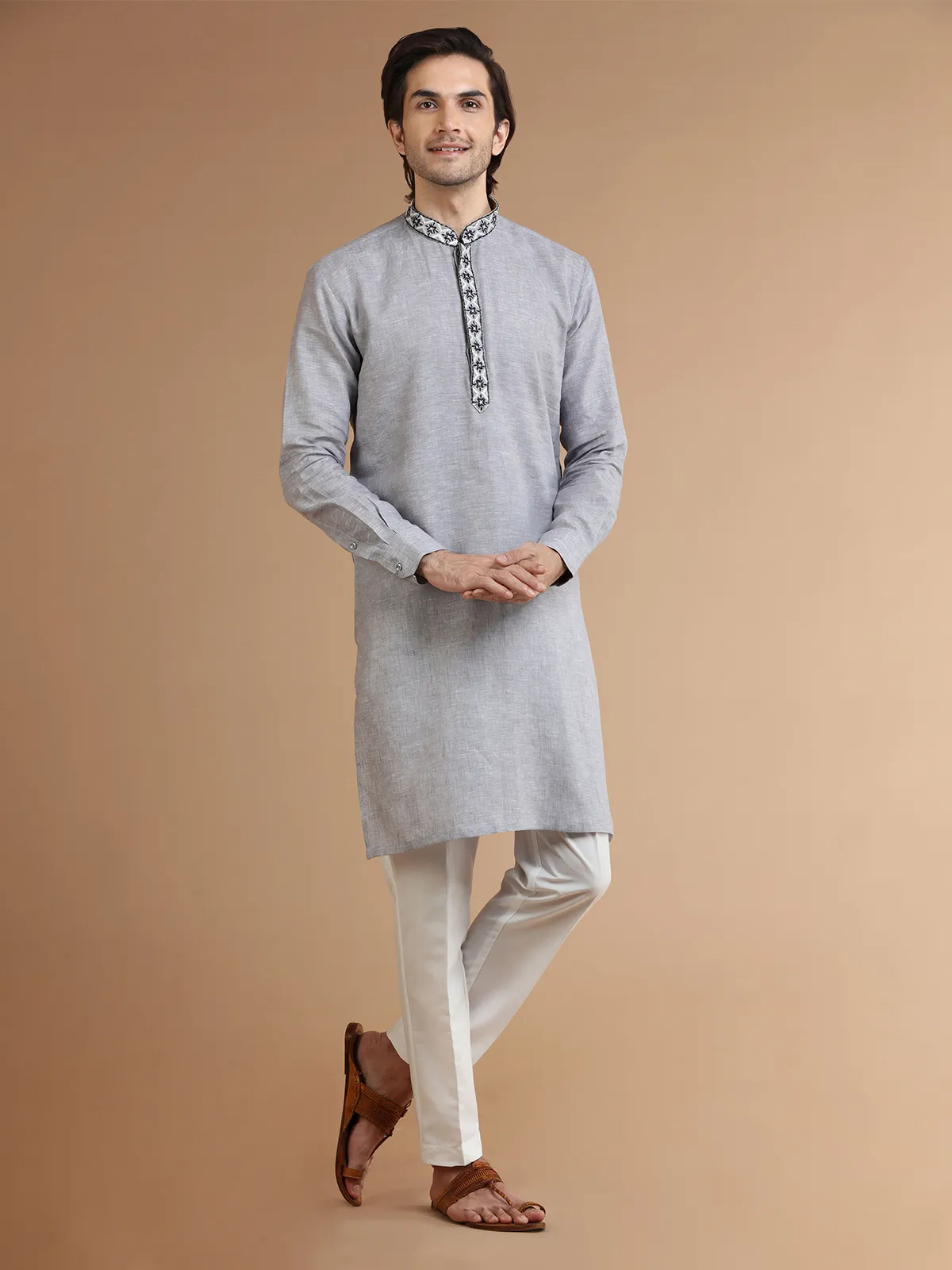 Grey linen plain kurta suit