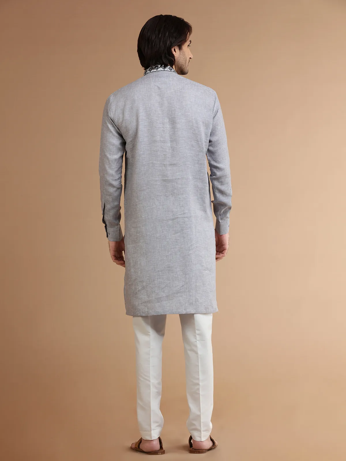 Grey linen plain  Men Kurta pajama