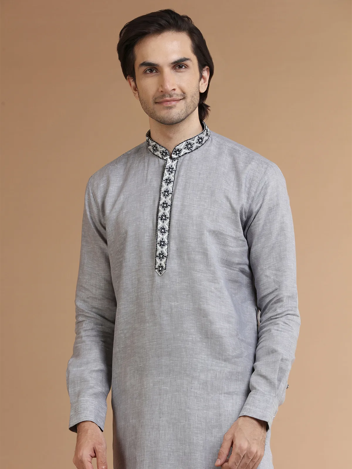 Grey linen plain kurta suit