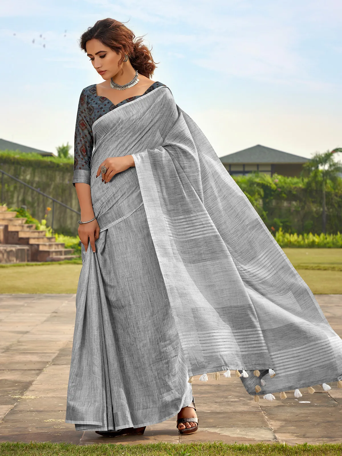 Grey linen silk saree