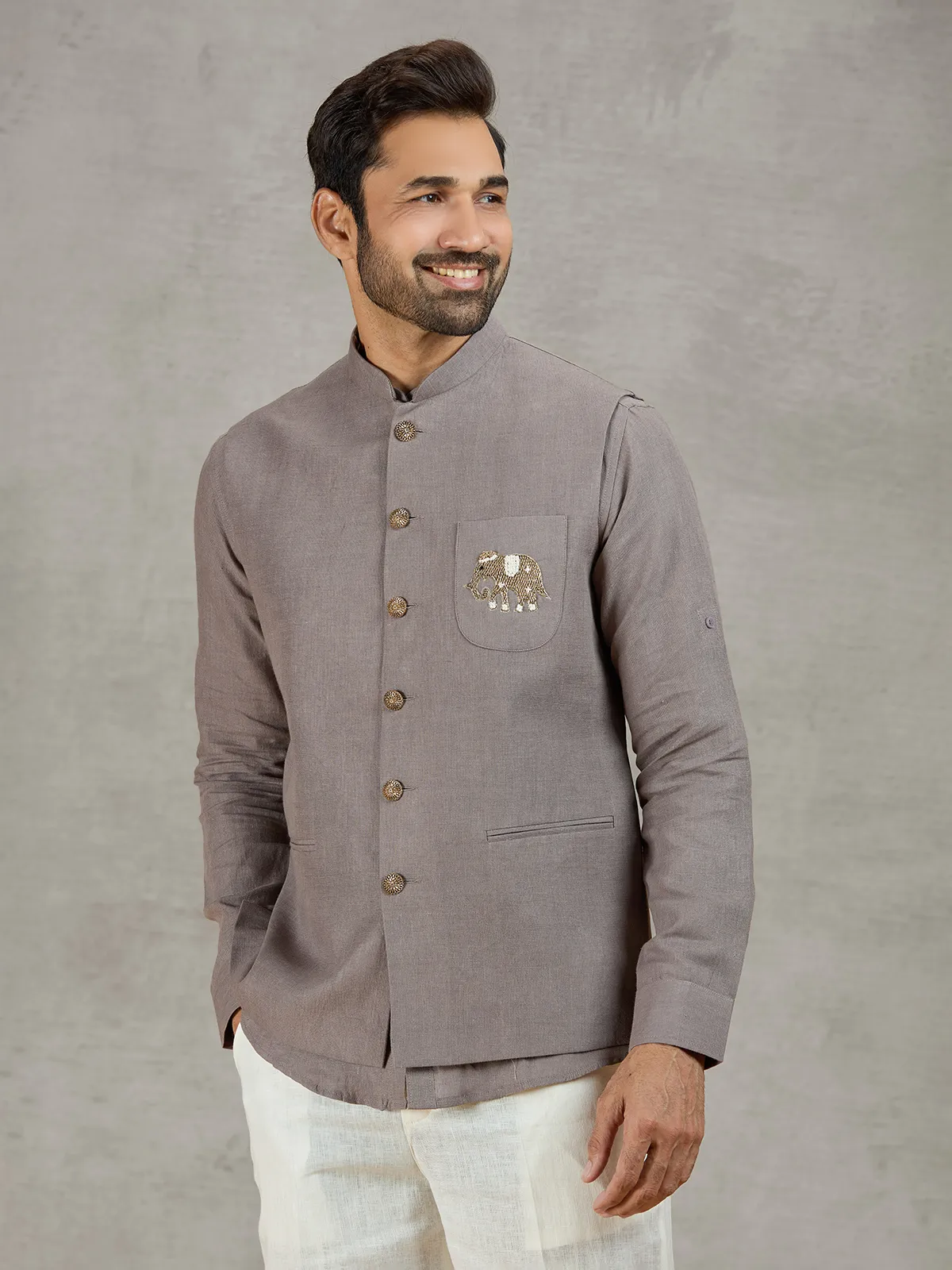 Grey linen waistcoat with shirt featuring thread and zardosi work