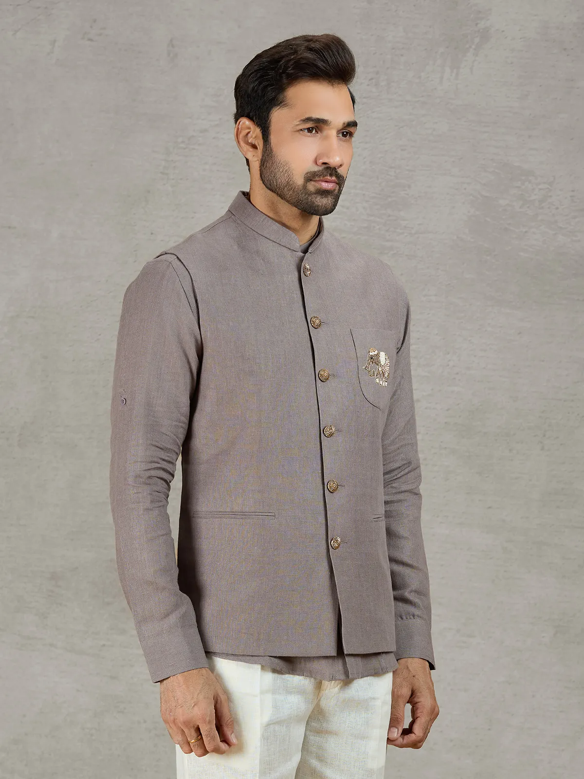 Grey linen waistcoat with shirt featuring thread and zardosi work