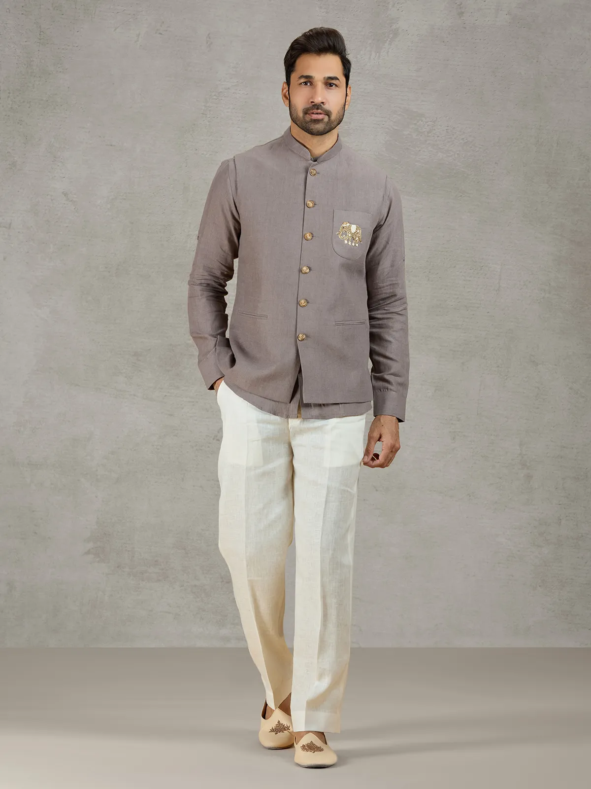 Grey linen waistcoat with shirt and zardosi embellished crest