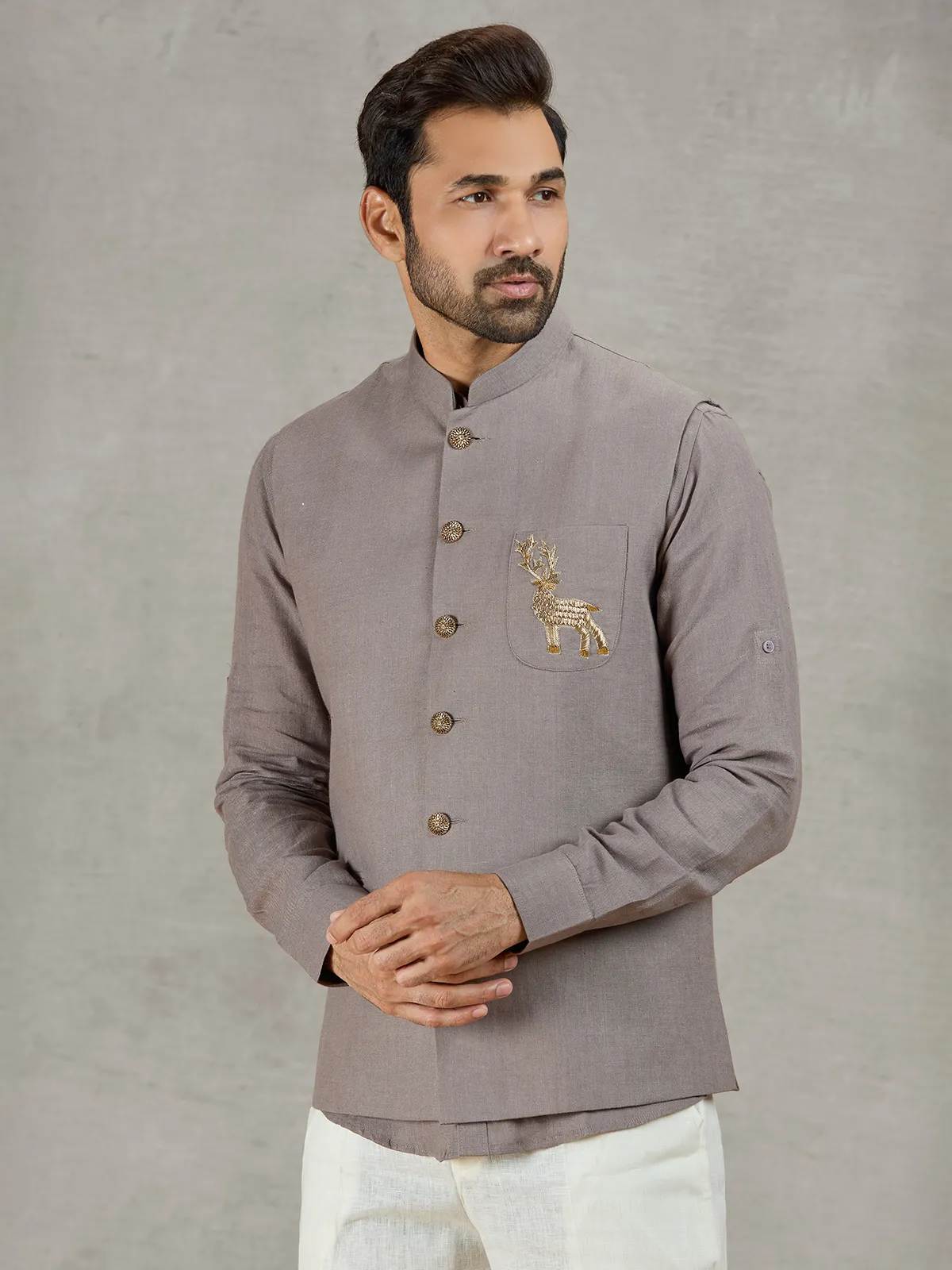 Grey linen waistcoat with shirt and zardosi embellished crest