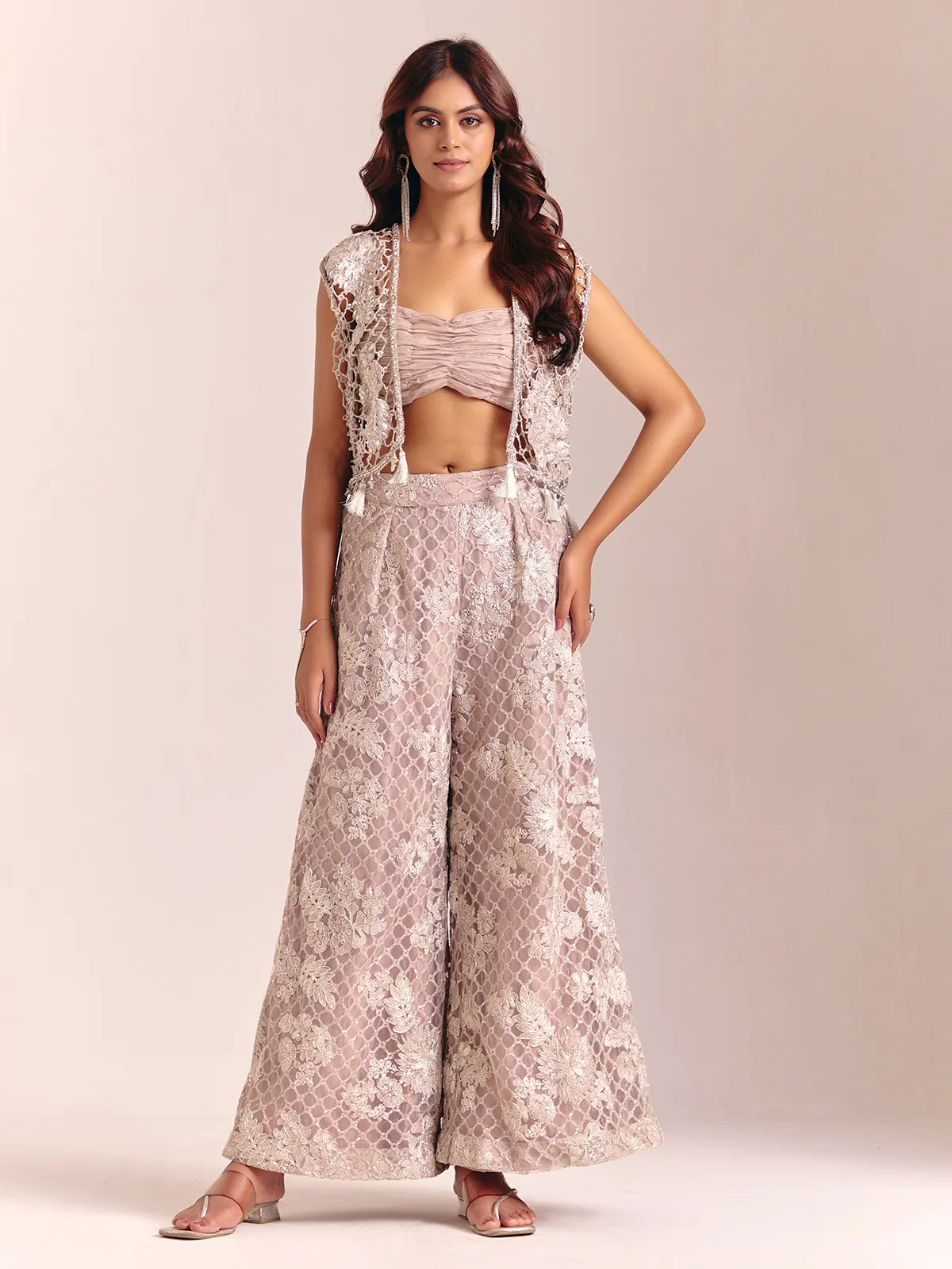 Grey net jacket style designer wedding palazzo suit