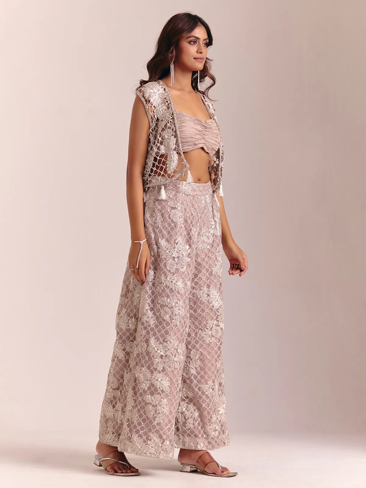 Grey net jacket style designer wedding palazzo suit