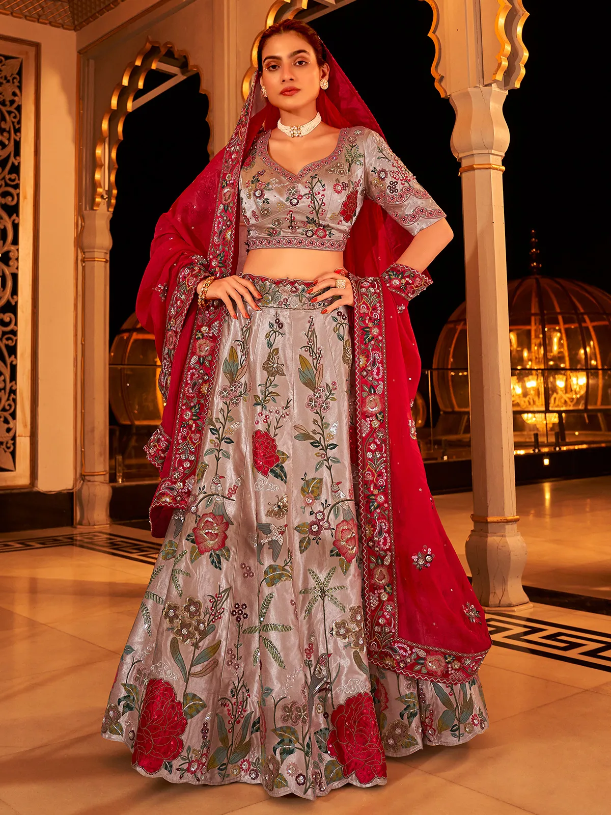 Grey organza lehenga choli with dupatta