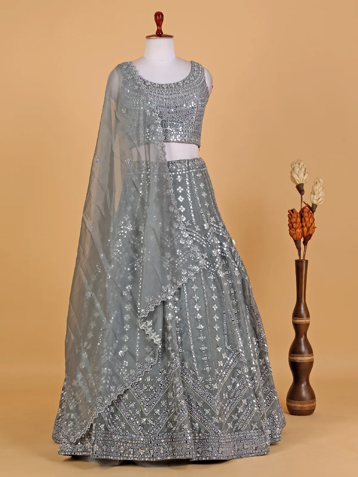 Grey organza mirror work lehenga choli