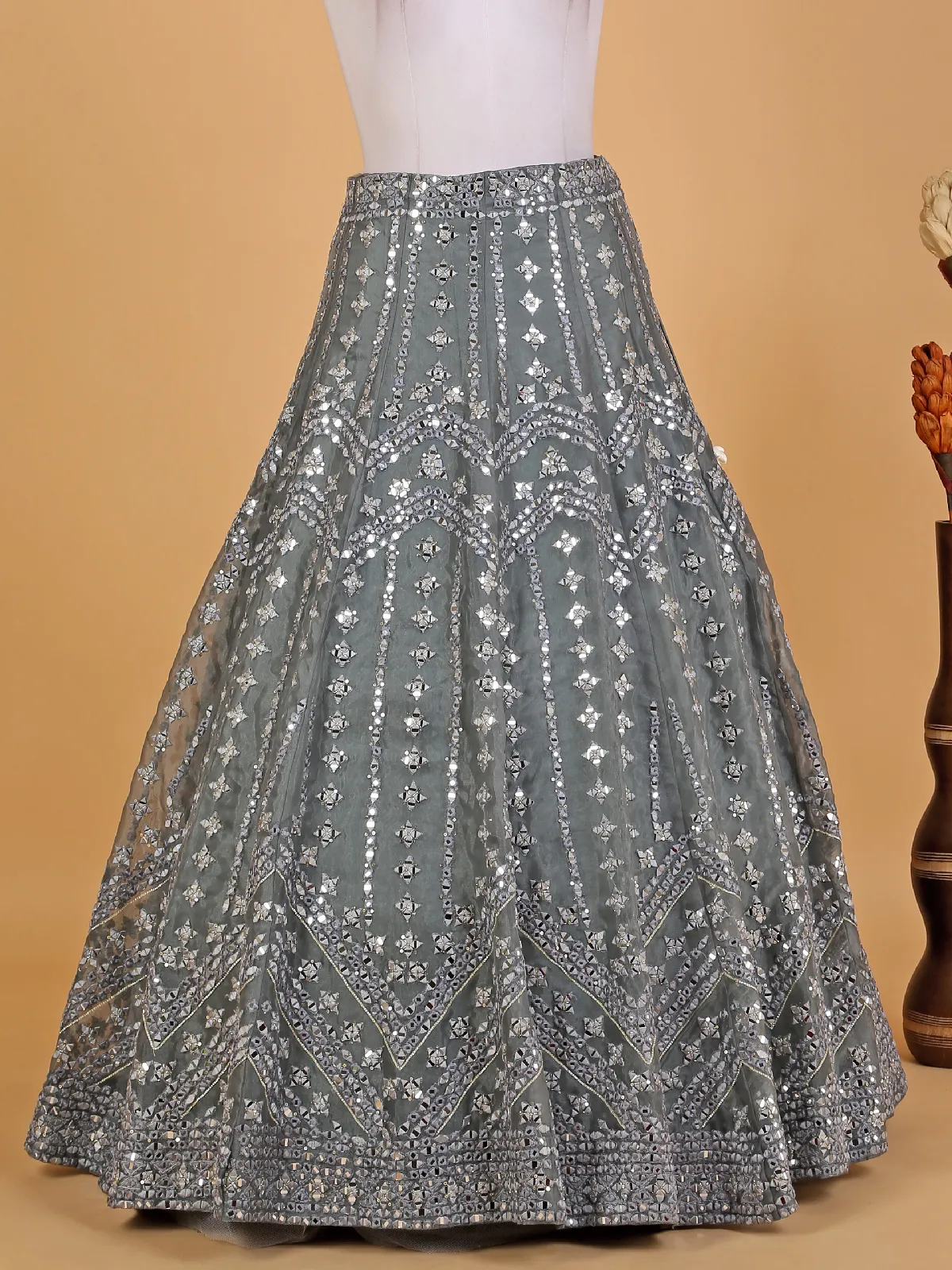 Grey organza mirror work lehenga choli