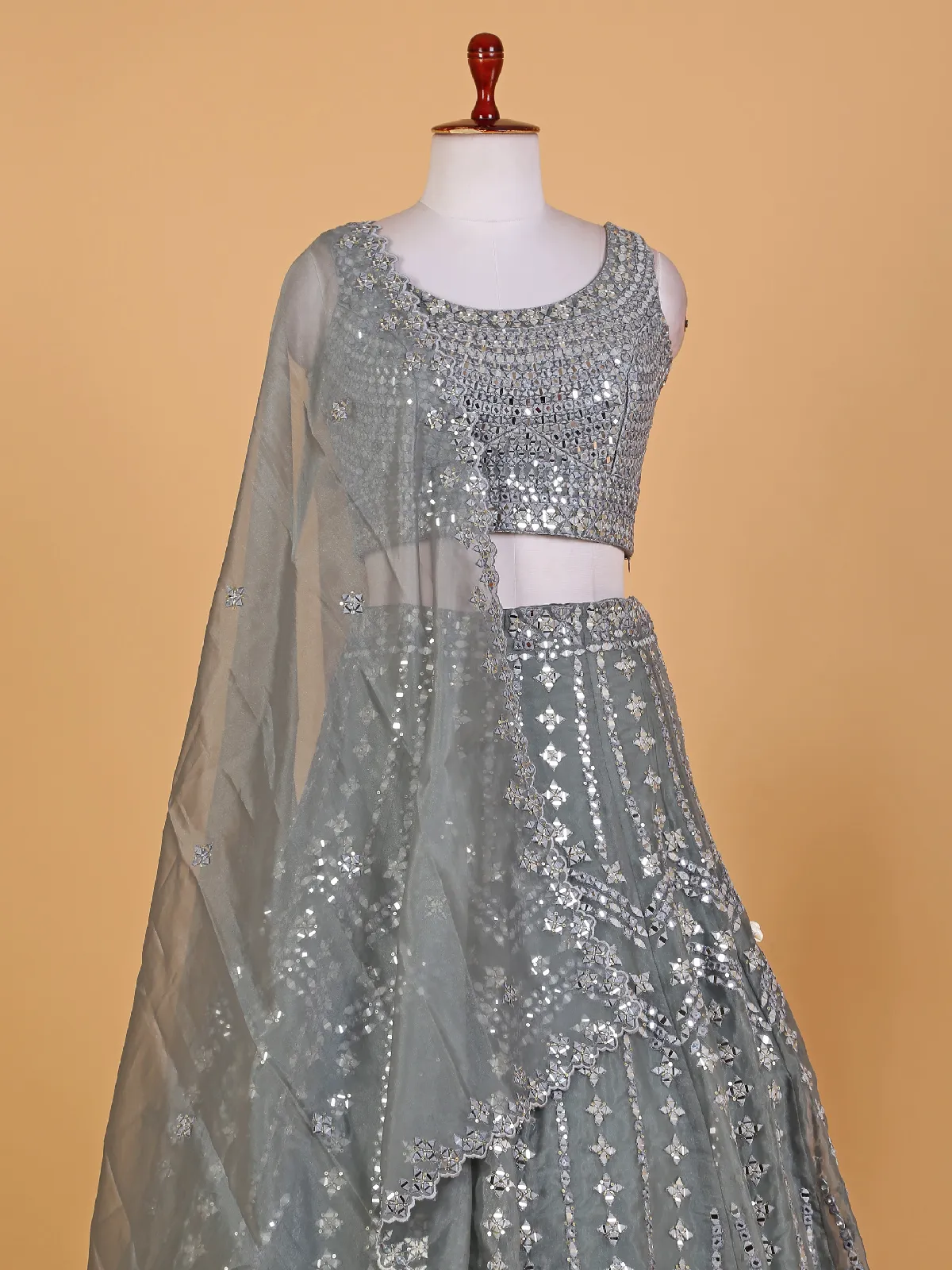 Grey organza mirror work lehenga choli