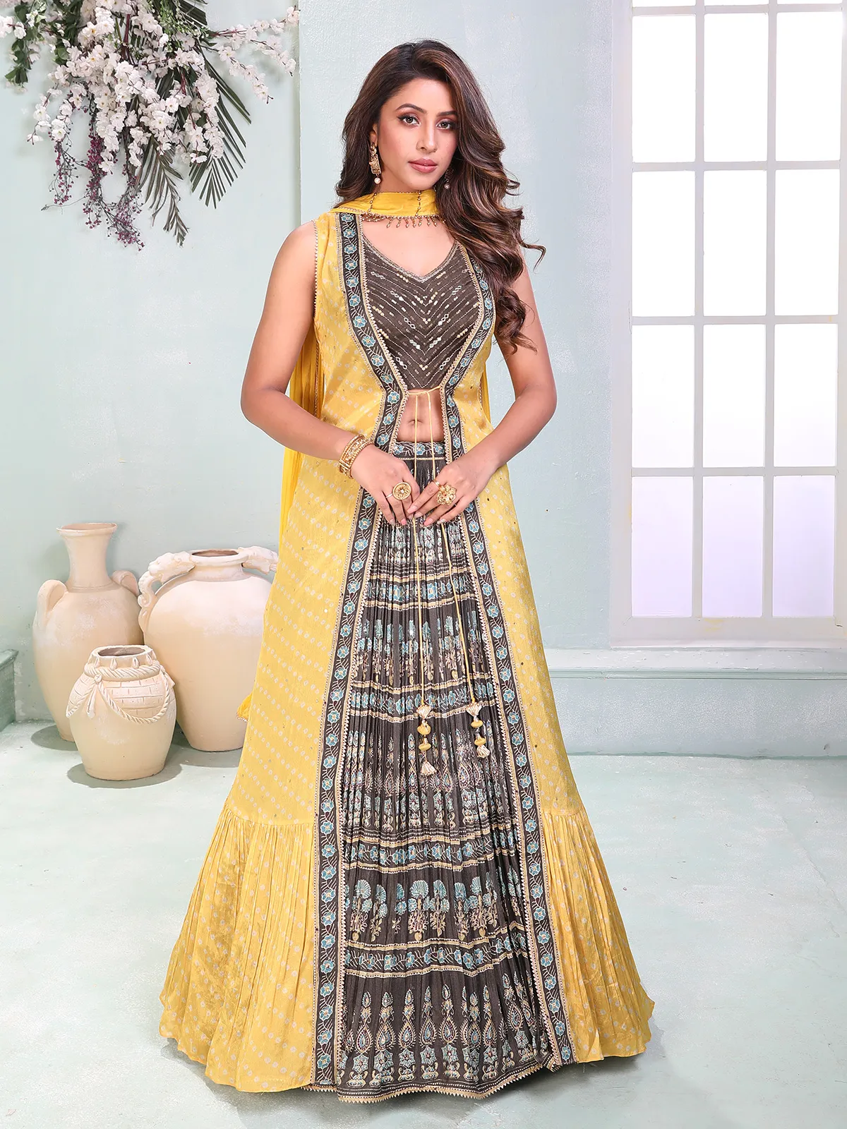 Grey printed jacket style lehenga choli