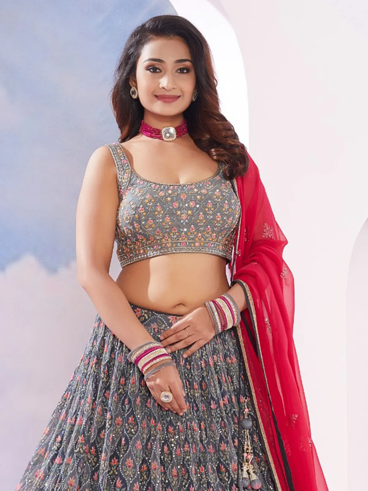 Grey printed lehenga choli in georgette