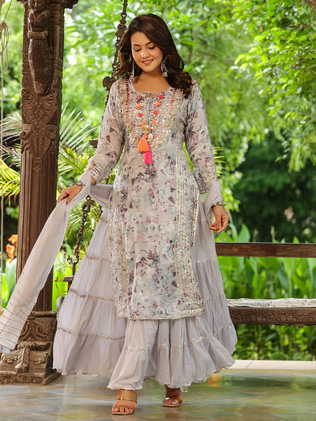 Grey printed long kurti with dupatta