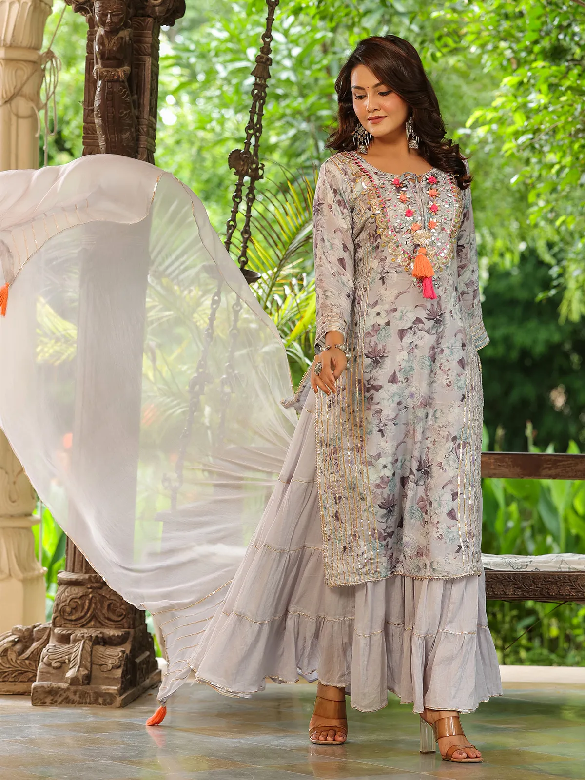 Grey printed long kurti with dupatta