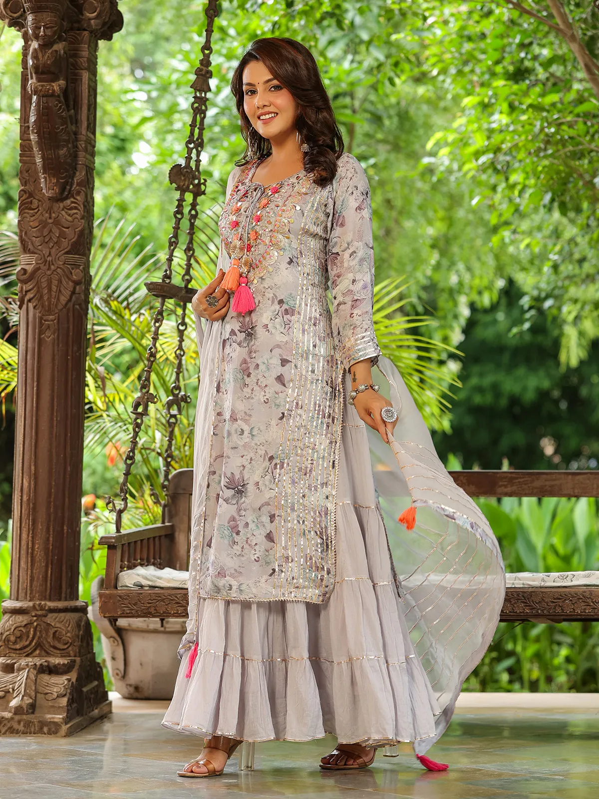 Grey printed long kurti with dupatta