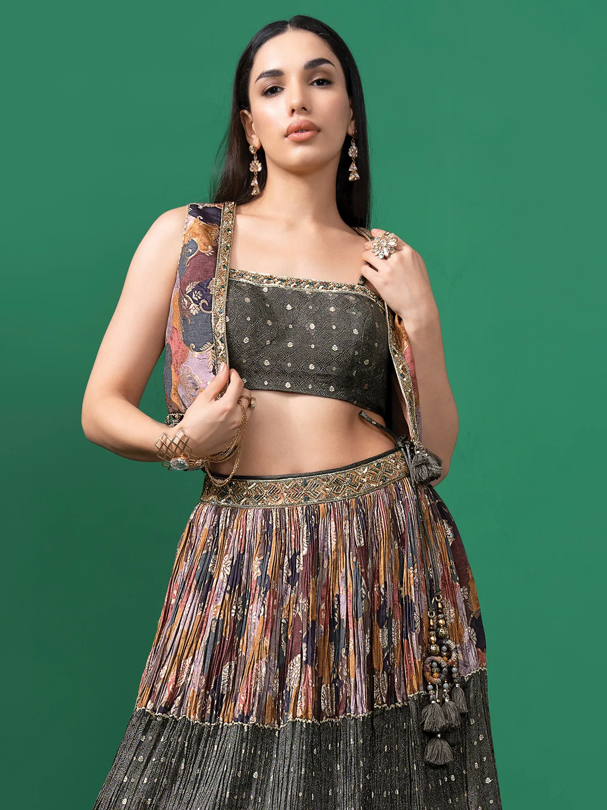 Grey printed silk jacket style lehenga choli